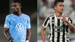 Bonke Innocent of Malmo (left) and Paulo Dybala of Juventus (right). (Getty & Malmö FF @ Facebook)