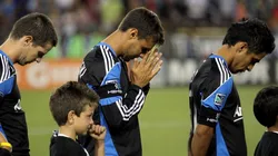 Sam Cronin #4 (L), Chris Wondolowski #8 and Rafael Baca #30 (R) of the San Jose Earthquakes pause for a moment of silence for the victims of September 11, 2001 before their game against the Chicago Fire at Buck Shaw Stadium on September 10, 2011 in Santa Clara, California. (Getty)