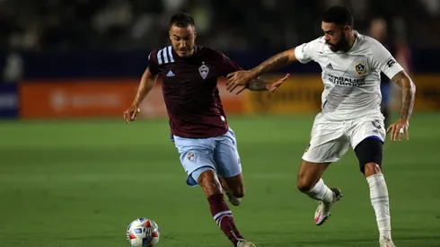 Andre Shinyashiki #9 of Colorado Rapids and Derrick Williams #3 of Los Angeles Galaxy in the second half at Dignity Health Sports Park on August 17, 2021 in Carson, California. (Getty)