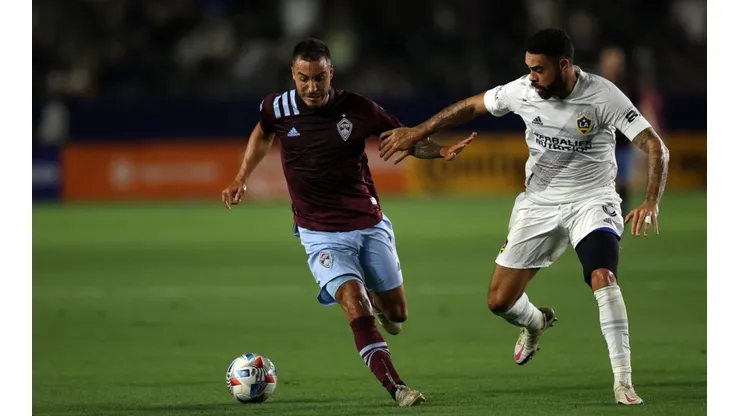 Andre Shinyashiki #9 of Colorado Rapids and Derrick Williams #3 of Los Angeles Galaxy in the second half at Dignity Health Sports Park on August 17, 2021 in Carson, California. (Getty)