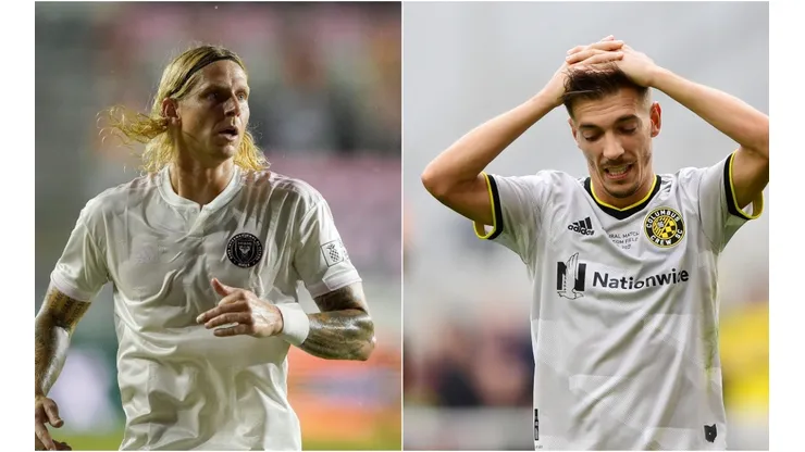 Brek Shea of Inter Miami (left) and Pedro Santos of Columbus Crew. (Getty)
