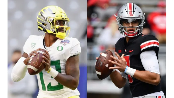 Anthony Brown Jr, Quarterback of Oregon Ducks (left) and C.J. Stroud, Quarterback of Ohio State (right) (Getty)