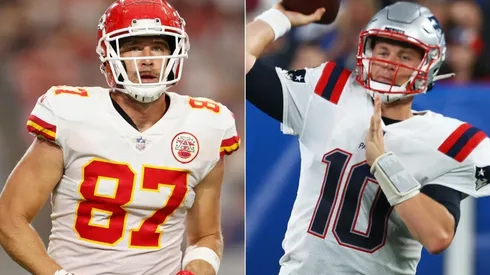 Travis Kelce (left) & Mac Jones. (Getty)