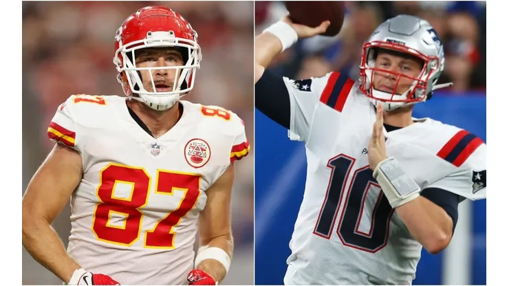 Travis Kelce (left) & Mac Jones. (Getty)