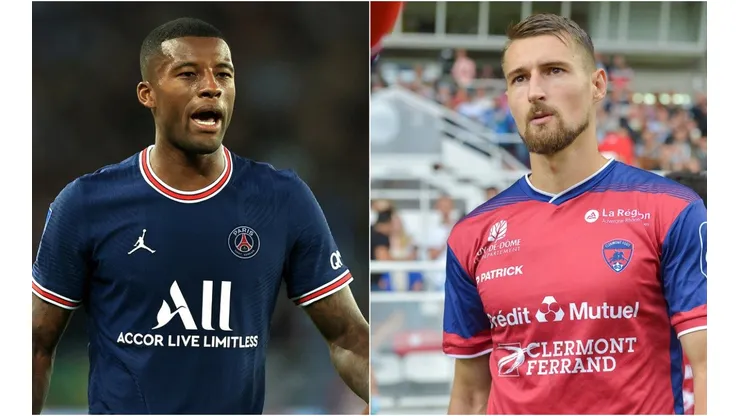 Georginio Wijnaldum of Paris Saint- Germain (left) and Elbasan Rashani of Clermont (right). (Getty)