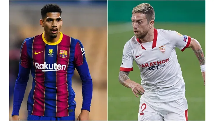 Ronald Araujo of Barcelona (left) and Alejandro Gomez of Sevilla (right). (Getty)