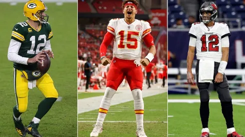 Aaron Rodgers (left), Patrick Mahomes (center), Tom Brady. (Getty)