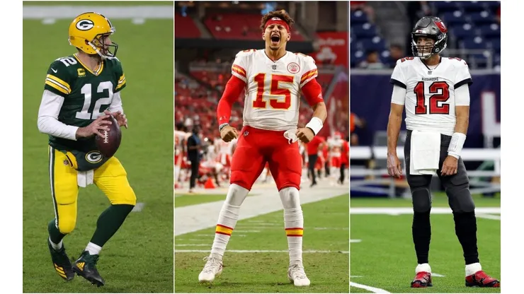 Aaron Rodgers (left), Patrick Mahomes (center), Tom Brady. (Getty)