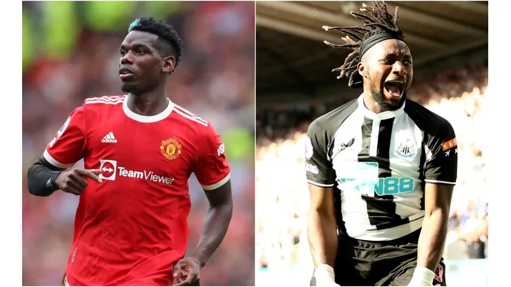 Paul Pogba of Manchester United (left) and Allan Saint-Maximin of Newcastle. (Getty)