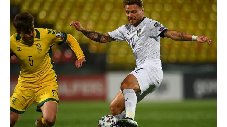Ciro Immobile of Italy in action during the FIFA World Cup 2022 Qatar qualifying match between Lithuania and Italy on March 31, 2021 in Vilnius, Lithuania. (Getty)