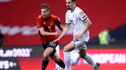 Ibrahim Dresevic of Kosovo is challenged by Dani Olmo of Spain during the FIFA World Cup 2022 Qatar qualifying match between Spain and Kosovo at Estadio Olimpico on March 31, 2021 in Seville, Spain. (Getty)