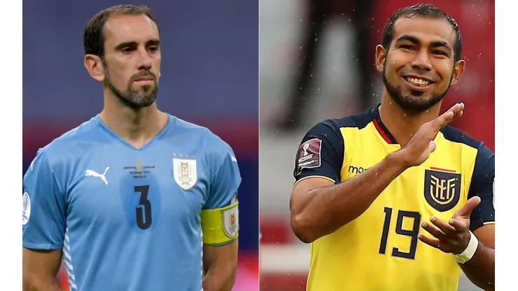 Diego Godin of Uruguay (left) and Junior Sornoza of Ecuador (right) (Getty)