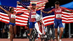 The United States celebrate after winning gold in the 4x100m Universal Relay. (Getty)