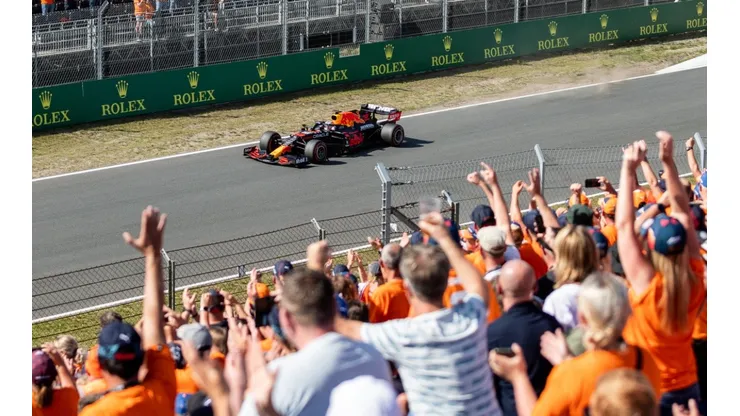 Fans celebrate Max Verstappen at the F1 Grand Prix of The Netherlands. (Getty)