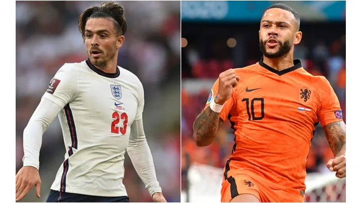 Jack Grealish of England (left) and Memphis Depay of Netherlands (right). (Getty)