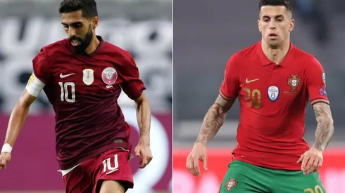 Hasan Al Haydos of Qatar (left) and Joao Cancelo of Portugal (right). (Getty)