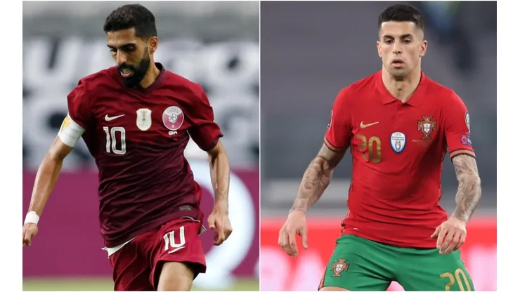 Hasan Al Haydos of Qatar (left) and Joao Cancelo of Portugal (right). (Getty)