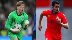 Jordan Pickford of England (left) and Joan Cervos of Andorra (right). (Getty)