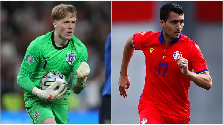 Jordan Pickford of England (left) and Joan Cervos of Andorra (right). (Getty)