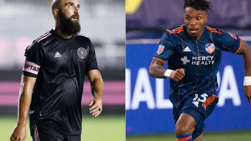 Gonzalo Higuain of Inter Miami (left) and Gyau of FC Cincinnati (right) (Getty)