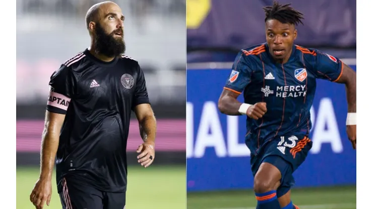 Gonzalo Higuain of Inter Miami (left) and Gyau of FC Cincinnati (right) (Getty)