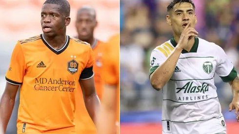 Darwin Quintero of Houston Dynamo (left) and Felipe Mora of Portland Timbers (right). (Getty)
