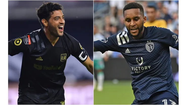 Carlos Vela of LAFC (left) and Amadou Dia of Sporting Kansas City (right). (Getty)