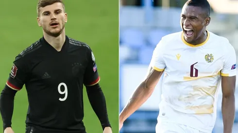 Timo Werner of Germany (left) and Wbeymar of Armenia (right). (Getty)