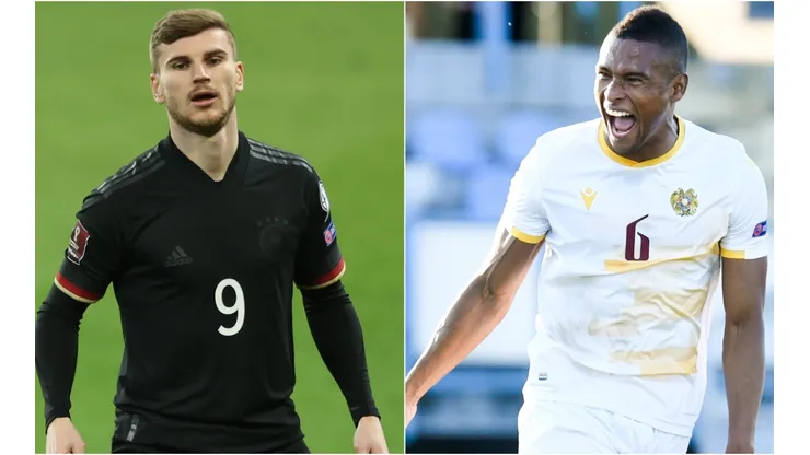 Timo Werner of Germany (left) and Wbeymar of Armenia (right). (Getty)