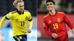 Emil Forsberg of Sweden (left) and Gerard Moreno of Spain (right). (Getty).jpg