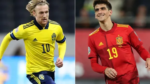 Emil Forsberg of Sweden (left) and Gerard Moreno of Spain (right). (Getty).jpg