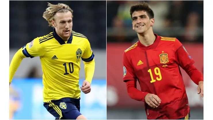 Emil Forsberg of Sweden (left) and Gerard Moreno of Spain (right). (Getty).jpg