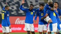 Brazil players celebrate after scoring against Chile (Getty).