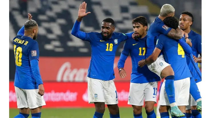 Brazil players celebrate after scoring against Chile (Getty).