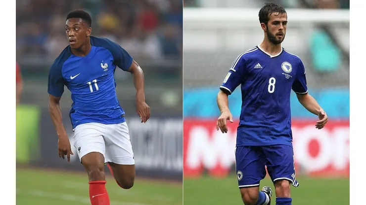 Anthony Martial of France (left) and Miralem Pjanic of Bosnia and Herzegovina (right) (Getty)