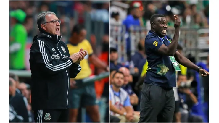Mexico's head coach Tata Martino (left) and Theodoro Whitmore of Jamaica (Getty).