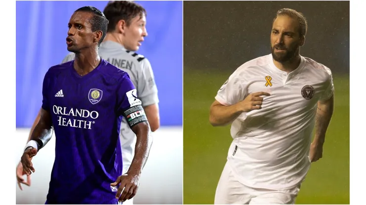 Nani of Orlando City (left) and Gonzalo Higuain of Inter Miami. (Getty)