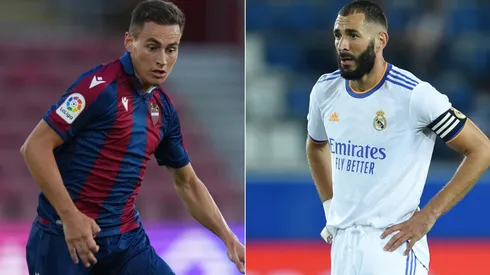 Jorge de Frutos of Levante (left) and Karim Benzema (Getty).