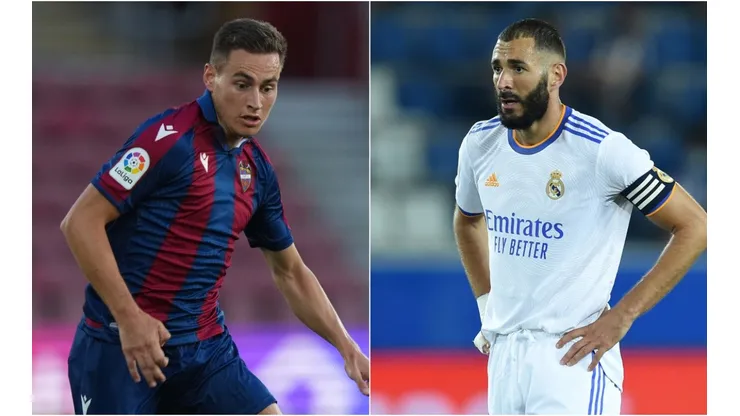 Jorge de Frutos of Levante (left) and Karim Benzema (Getty).