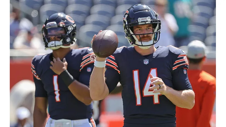Chicago Bears #14 Andy Dalton and #1 Justin Fields will battle for the starting QB role. (Getty)