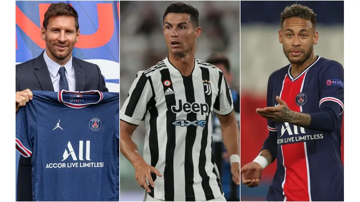 Lionel Messi of PSG (left), Cristiano Ronaldo of Juventus (center), and Neymar of PSG (right). (Getty)