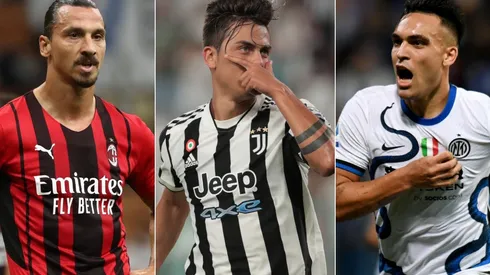 Zlatan Ibrahimovic of Milan (left), Paulo Dybala of Juventus (center), and Lautaro Martinez of Inter (right)