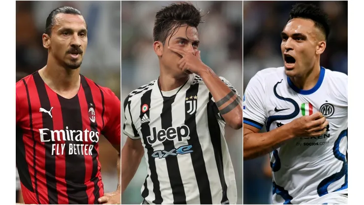 Zlatan Ibrahimovic of Milan (left), Paulo Dybala of Juventus (center), and Lautaro Martinez of Inter (right)