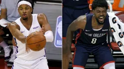 Moses Moody of the Golden State Warriors (left) and Naji Marshall of the New Orleans Pelicans (right). (Getty)