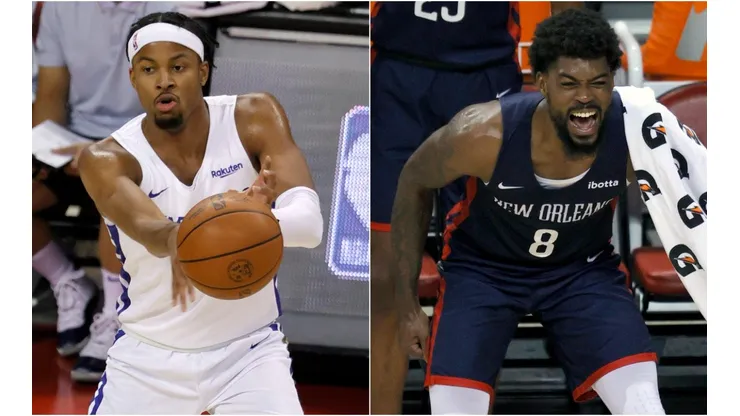Moses Moody of the Golden State Warriors (left) and Naji Marshall of the New Orleans Pelicans (right). (Getty)