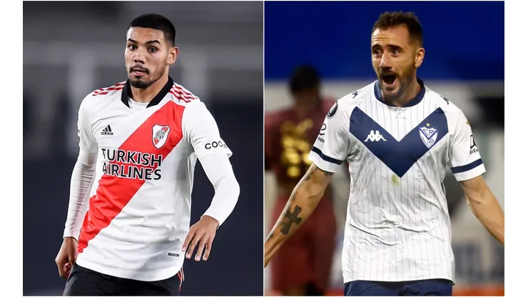 Alex Vigo of River Plate (left) and Federico Mancuello of Velez Sarsfield. (Getty)