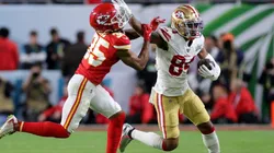 Kansas City Chief defense tries to stop San Francisco 49ers wide receiver. (Getty).