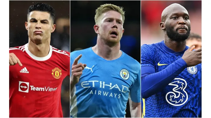 Cristiano Ronaldo of Manchester United (left), Kevin De Bruyne of Manchester City (center), and Romelu Lukaku of Chelsea (right)