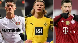 Patrik Schick of Bayer Leverkusen (left), Erling Haland of Borussia Dortmund (center), and Robert Lewandowski of Bayern (right)