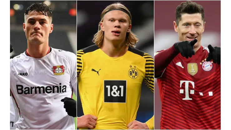Patrik Schick of Bayer Leverkusen (left), Erling Haland of Borussia Dortmund (center), and Robert Lewandowski of Bayern (right)